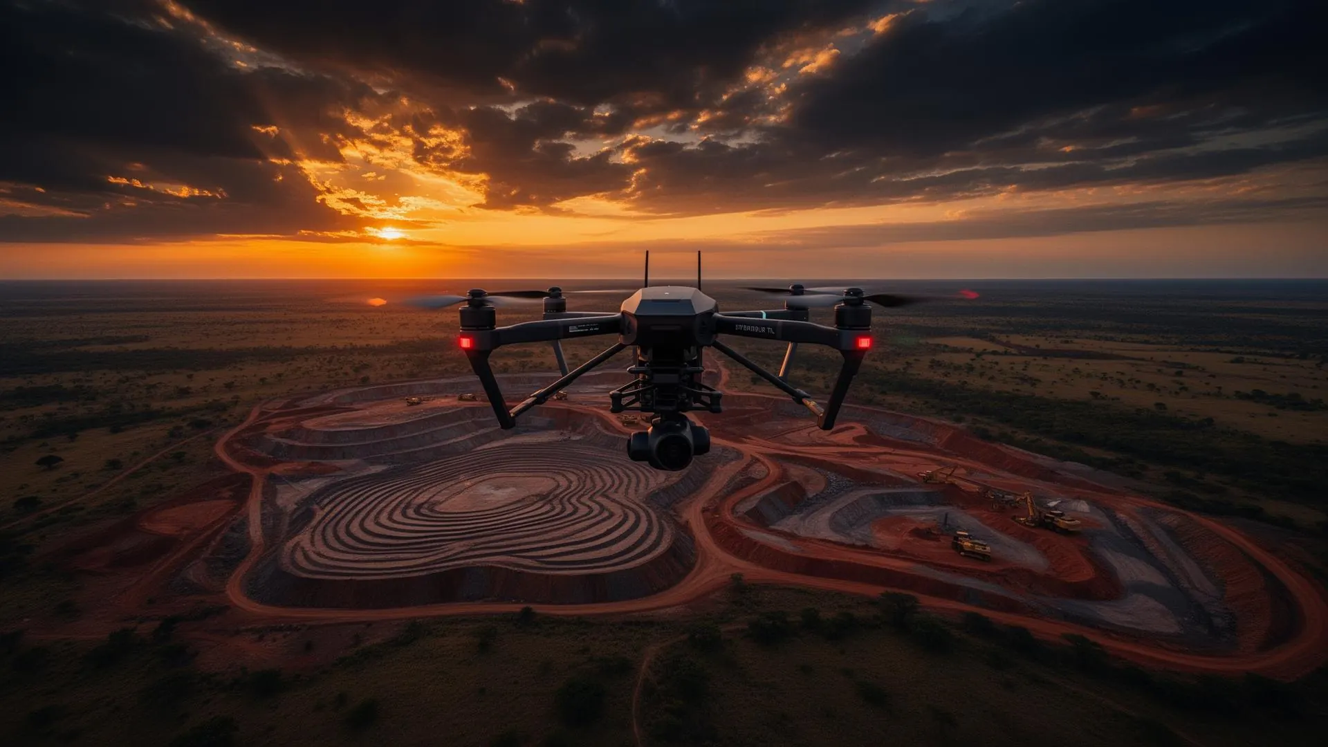 Surveying drone over Zambian landscape at dusk